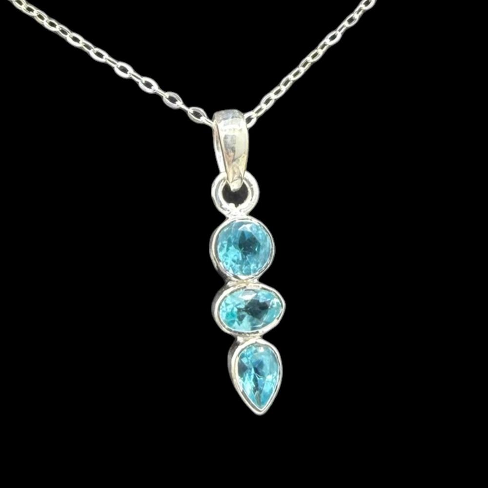 Blue Apatite Pendant Necklace 925 Sterling Silver Past Present Future Handmade